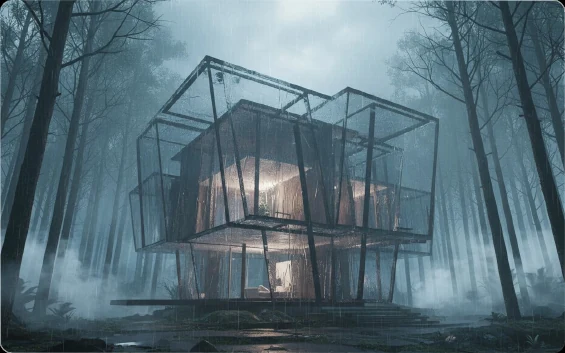 Atmospheric architectural rendering of a glass house in a forest