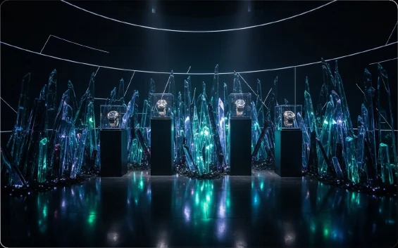 Immersive luxury brand display with reflective sculptures