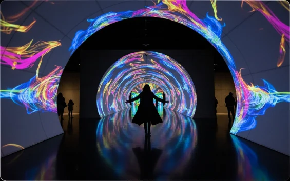 Colorful immersive projection tunnel with visitors
