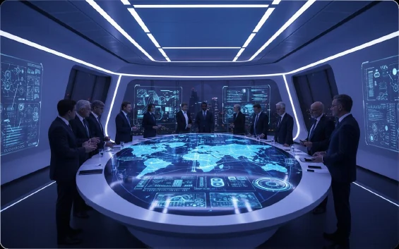 Round interactive display table in a global summit room