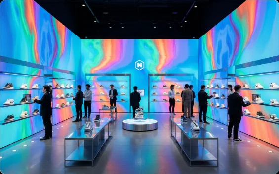 Bright retail store with colorful projection walls