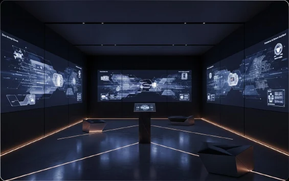 Dark smart gallery room with digital display walls